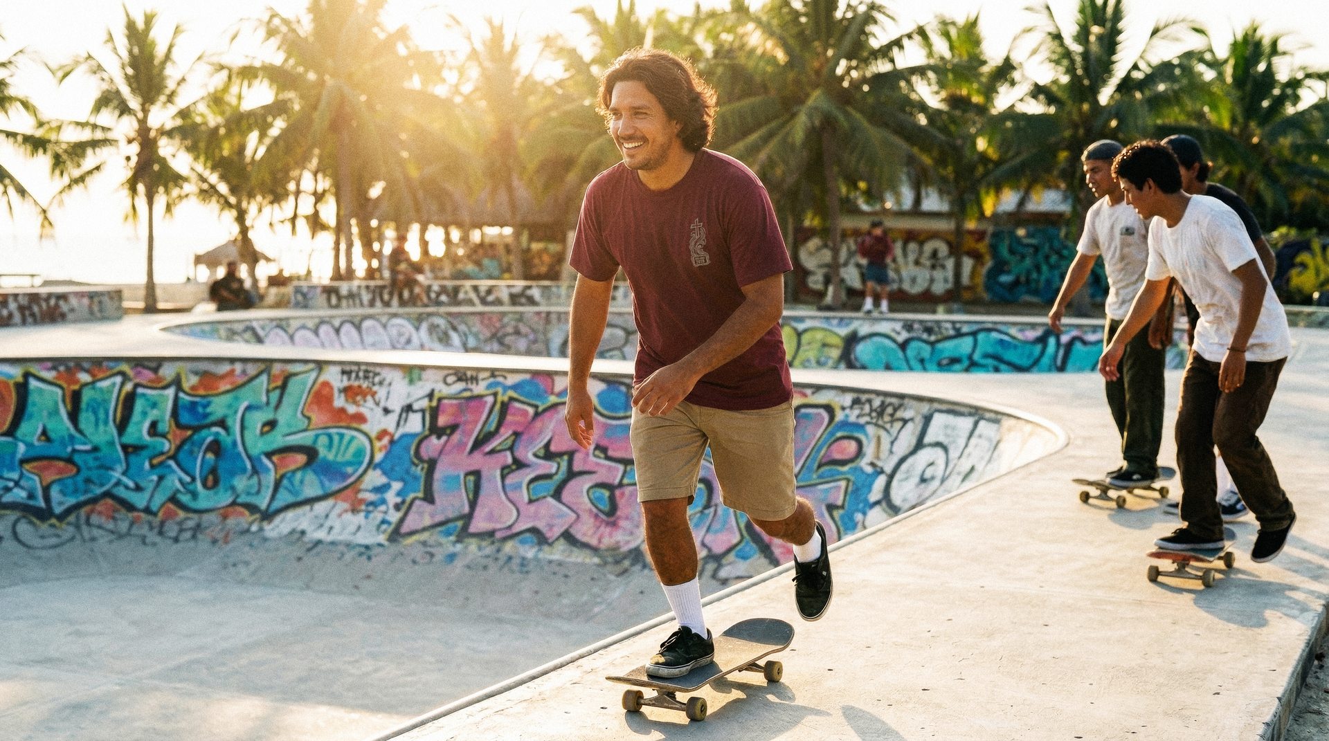 Marco skating in an EverSince tee — active coastal lifestyle